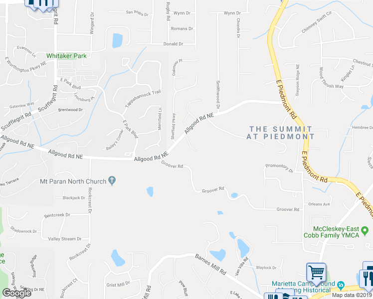 map of restaurants, bars, coffee shops, grocery stores, and more near 1395 Prestige Valley Drive in Marietta