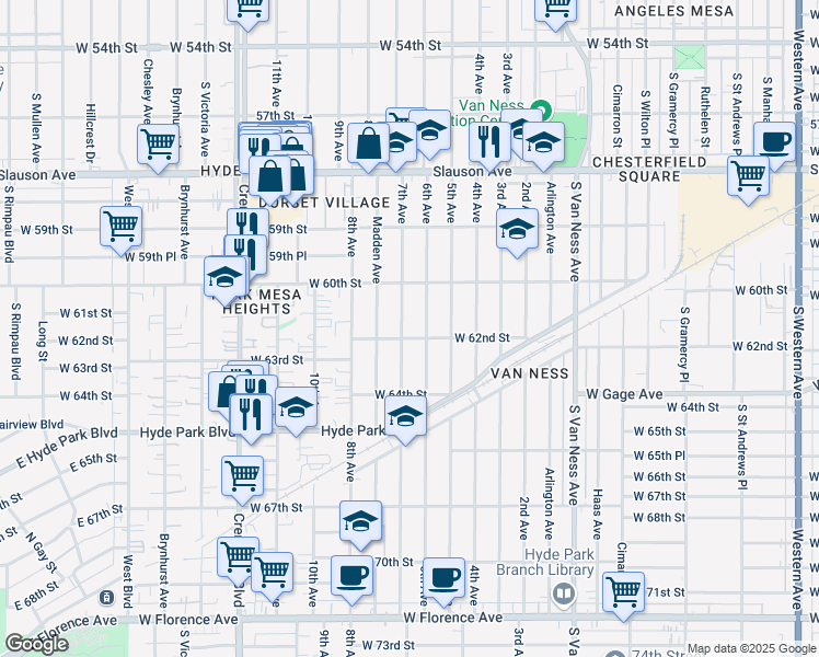 map of restaurants, bars, coffee shops, grocery stores, and more near 6050 7th Avenue in Los Angeles