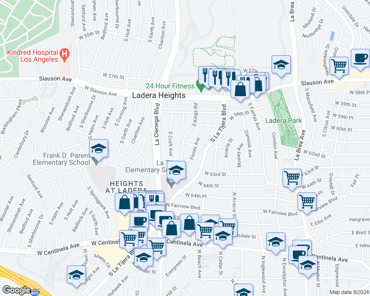 map of restaurants, bars, coffee shops, grocery stores, and more near 6024 South Kings Road in Los Angeles