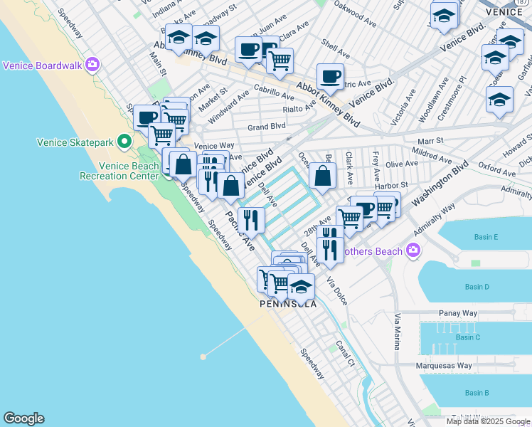 map of restaurants, bars, coffee shops, grocery stores, and more near 224 Linnie Canal in Los Angeles