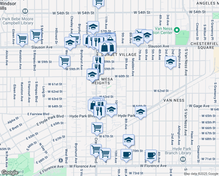 map of restaurants, bars, coffee shops, grocery stores, and more near 6122 11th Avenue in Los Angeles
