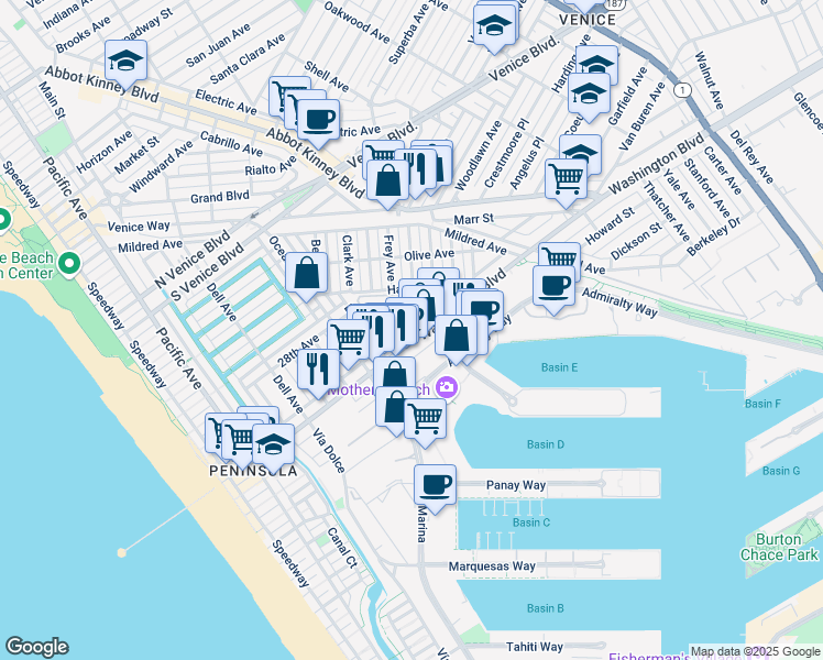 map of restaurants, bars, coffee shops, grocery stores, and more near 561 Washington Boulevard in Marina del Rey