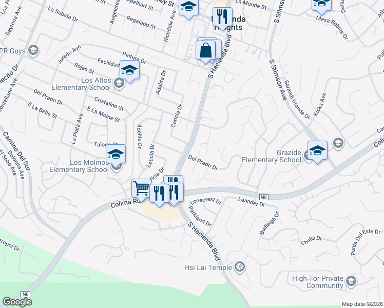 map of restaurants, bars, coffee shops, grocery stores, and more near 2900 South Hacienda Boulevard in Hacienda Heights