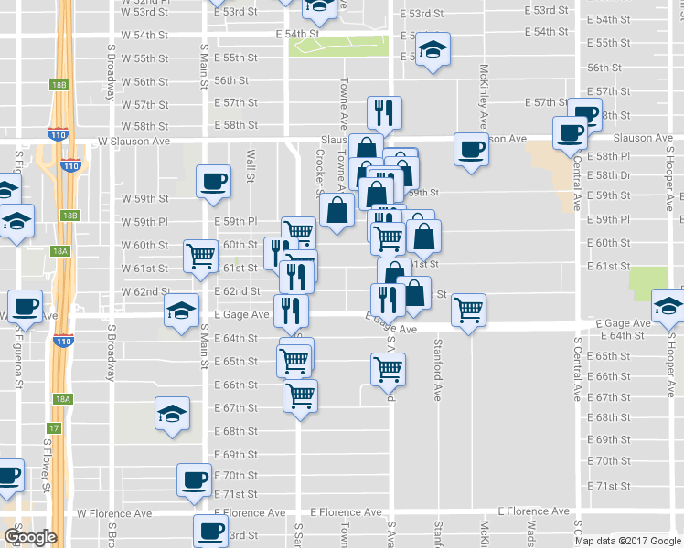 map of restaurants, bars, coffee shops, grocery stores, and more near 356 East 61st Street in Los Angeles
