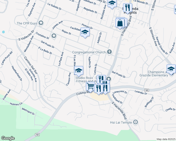 map of restaurants, bars, coffee shops, grocery stores, and more near 3005 Adelita Drive in Hacienda Heights