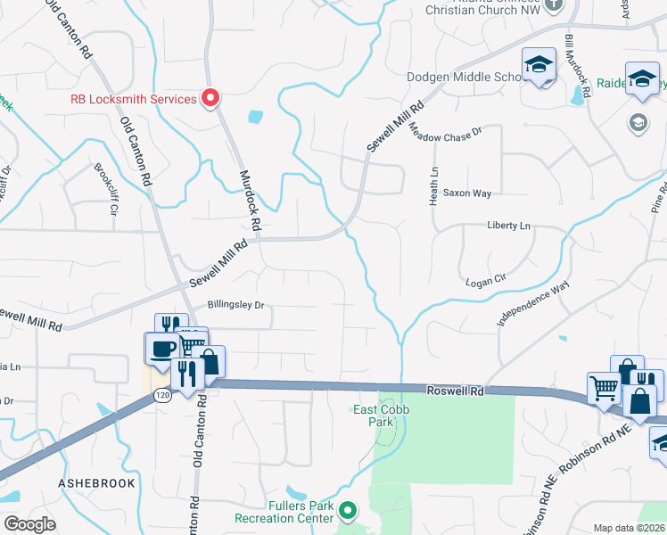 map of restaurants, bars, coffee shops, grocery stores, and more near 1358 Murdock Road in Marietta