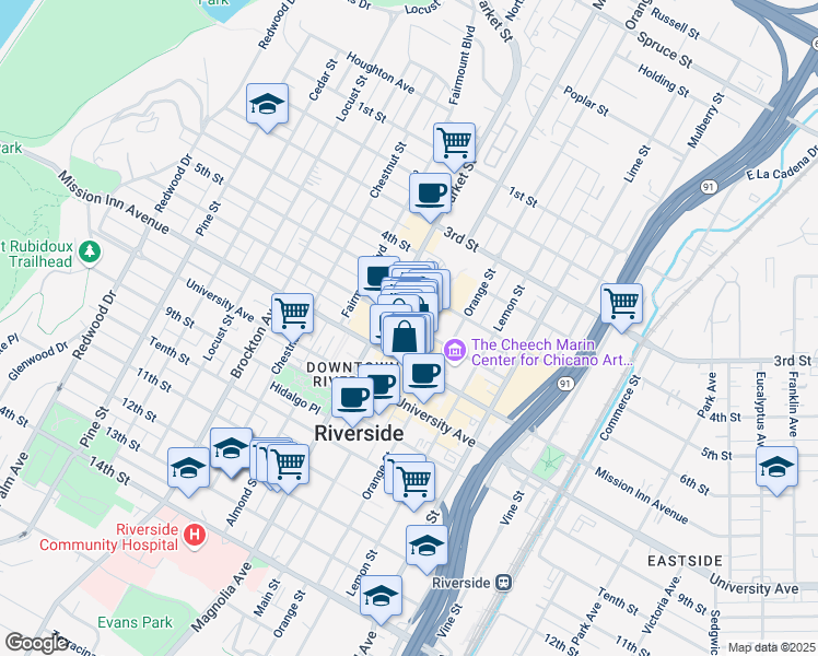 map of restaurants, bars, coffee shops, grocery stores, and more near 3700 6th Street in Riverside