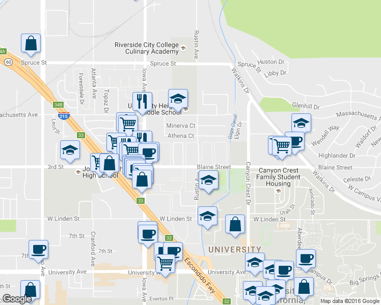 map of restaurants, bars, coffee shops, grocery stores, and more near 1133 West Blaine Street in Riverside