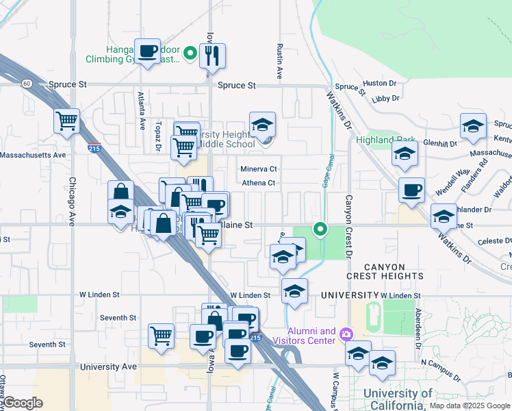 map of restaurants, bars, coffee shops, grocery stores, and more near 1175 West Blaine Street in Riverside