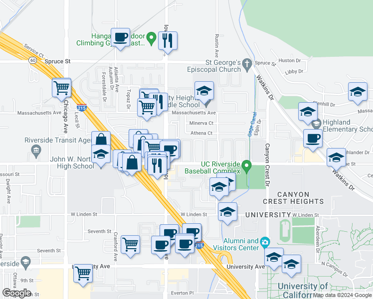 map of restaurants, bars, coffee shops, grocery stores, and more near 1175 West Blaine Street in Riverside