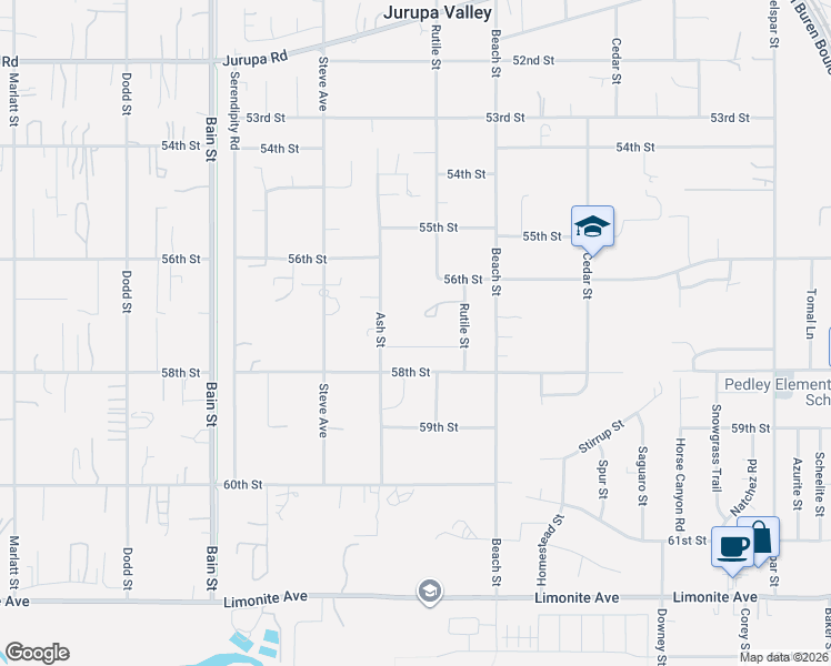 map of restaurants, bars, coffee shops, grocery stores, and more near 9837 57th Street in Riverside