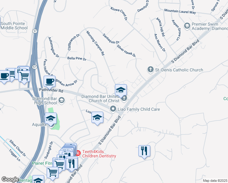 map of restaurants, bars, coffee shops, grocery stores, and more near 2303 Presado Drive in Diamond Bar