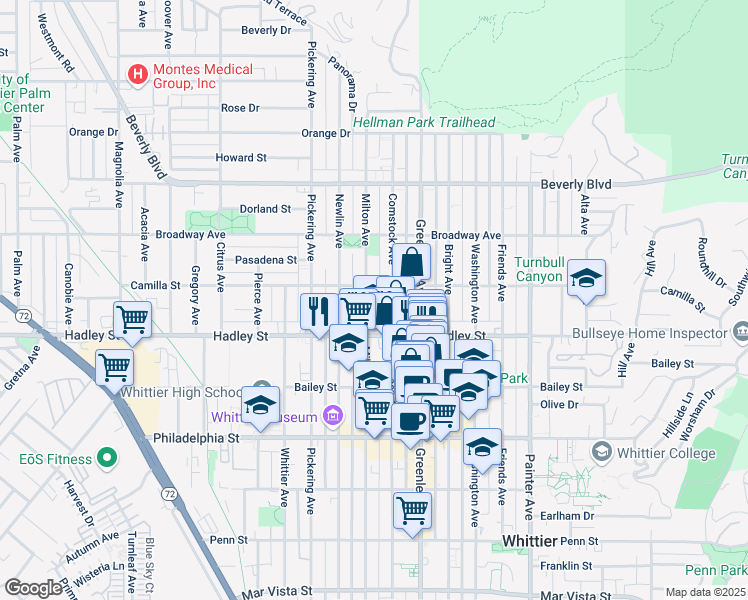 map of restaurants, bars, coffee shops, grocery stores, and more near 6316 Milton Avenue in Whittier