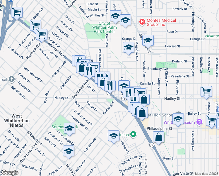 map of restaurants, bars, coffee shops, grocery stores, and more near 6318 Palm Avenue in Whittier