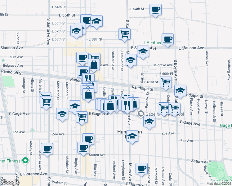 map of restaurants, bars, coffee shops, grocery stores, and more near 6202 Stafford Avenue in Huntington Park