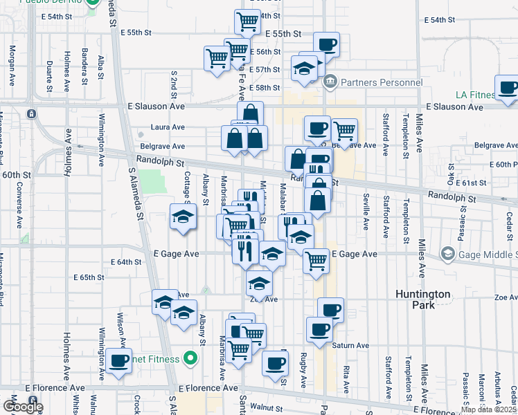 map of restaurants, bars, coffee shops, grocery stores, and more near 6216 Santa Fe Avenue in Huntington Park