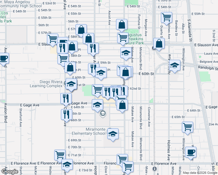 map of restaurants, bars, coffee shops, grocery stores, and more near 1412 East 61st Street in Los Angeles