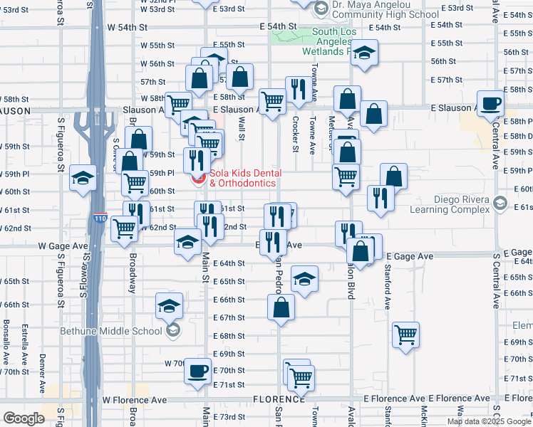 map of restaurants, bars, coffee shops, grocery stores, and more near 236 East 61st Street in Los Angeles