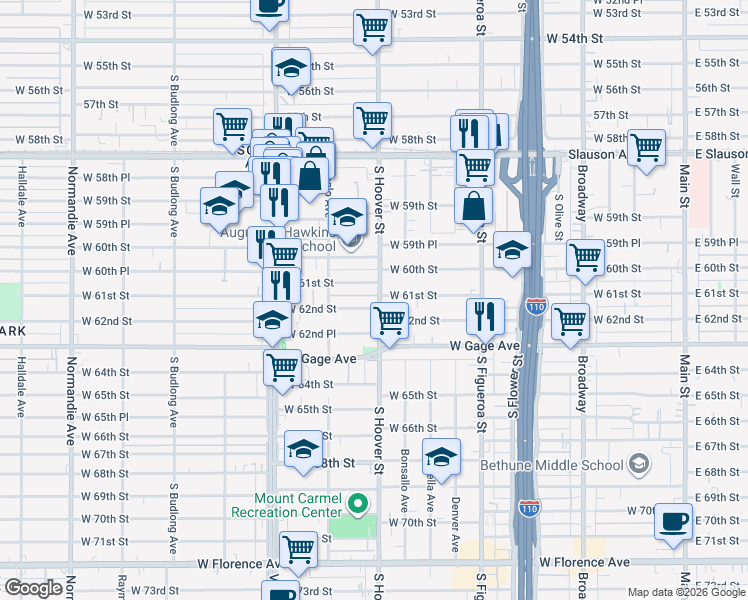 map of restaurants, bars, coffee shops, grocery stores, and more near 6100 South Hoover Street in Los Angeles