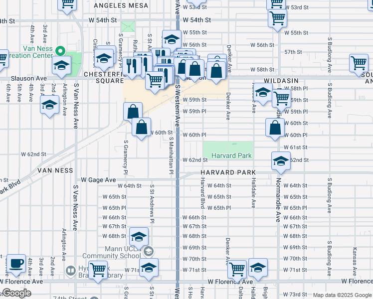map of restaurants, bars, coffee shops, grocery stores, and more near 6129 South Hobart Boulevard in Los Angeles