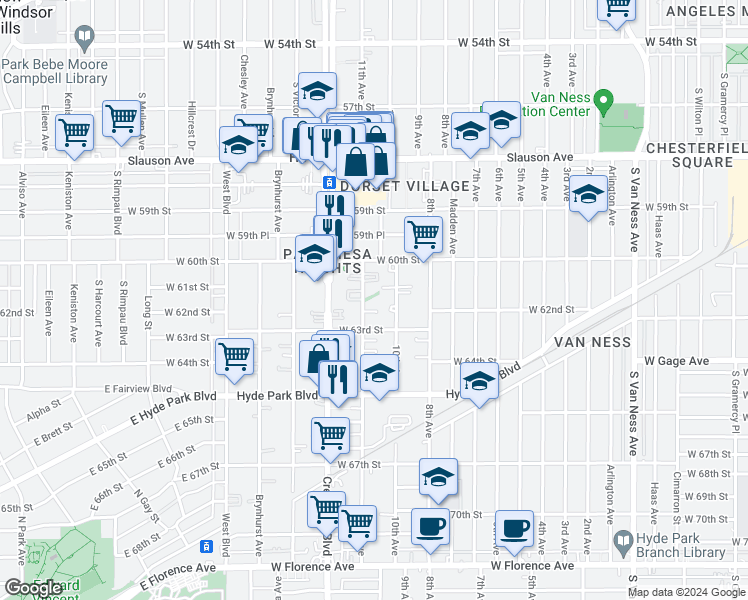 map of restaurants, bars, coffee shops, grocery stores, and more near 6122 11th Avenue in Los Angeles