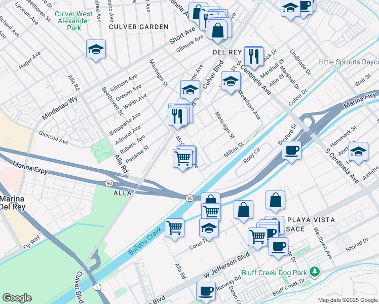map of restaurants, bars, coffee shops, grocery stores, and more near 4885 Patrae Street in Los Angeles