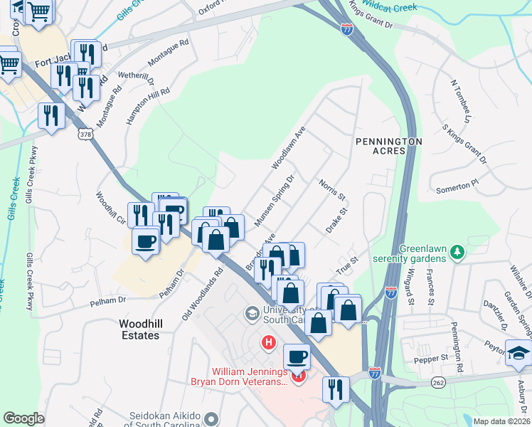 map of restaurants, bars, coffee shops, grocery stores, and more near 920 Munsen Spring Drive in Columbia