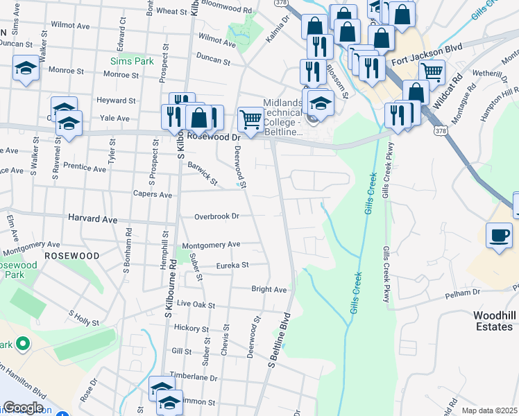 map of restaurants, bars, coffee shops, grocery stores, and more near 508 Deerwood Street in Columbia