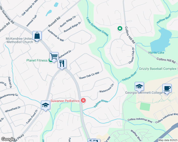 map of restaurants, bars, coffee shops, grocery stores, and more near 464 Meadowfield Court in Lawrenceville