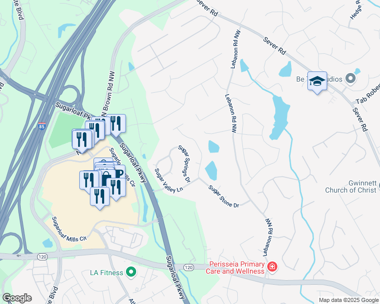 map of restaurants, bars, coffee shops, grocery stores, and more near 2059 Sugar Springs Drive in Lawrenceville