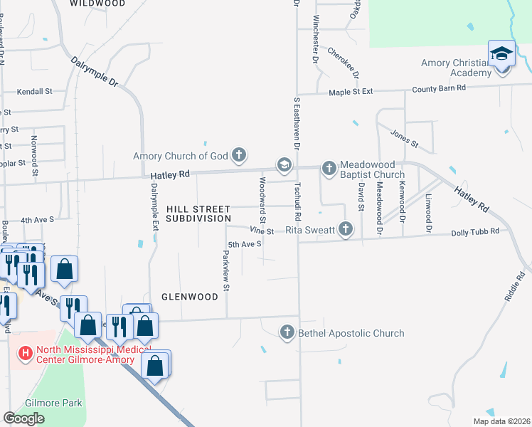 map of restaurants, bars, coffee shops, grocery stores, and more near 416-418 Woodward Street in Amory