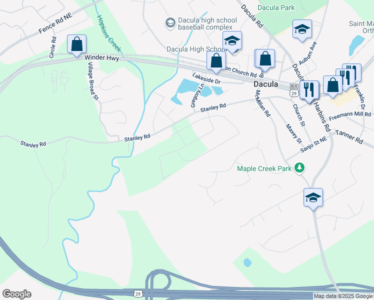 map of restaurants, bars, coffee shops, grocery stores, and more near 206 Silverton Drive in Dacula
