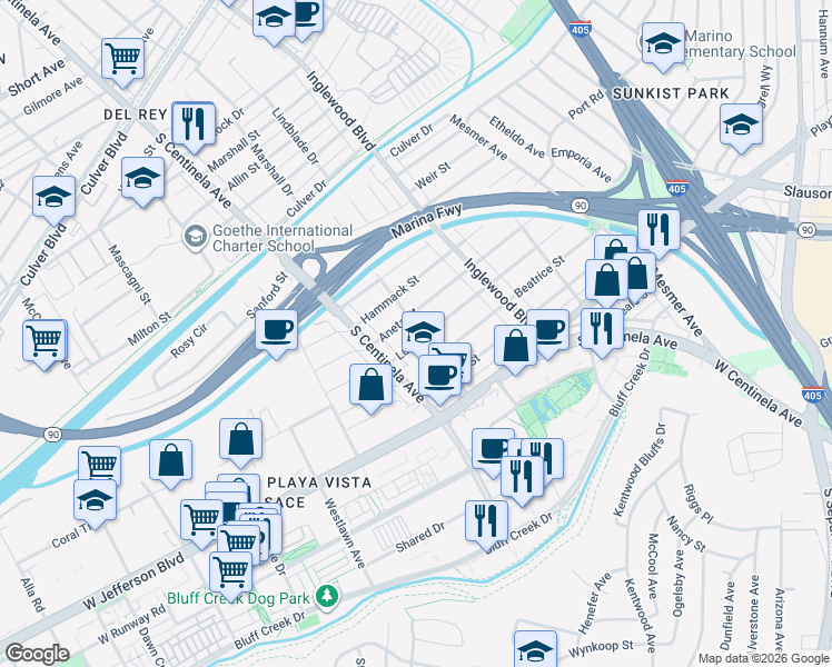 map of restaurants, bars, coffee shops, grocery stores, and more near 12205 Lucile Street in Culver City