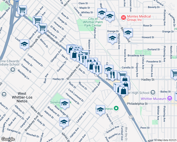 map of restaurants, bars, coffee shops, grocery stores, and more near 11456 Whittier Boulevard in Whittier
