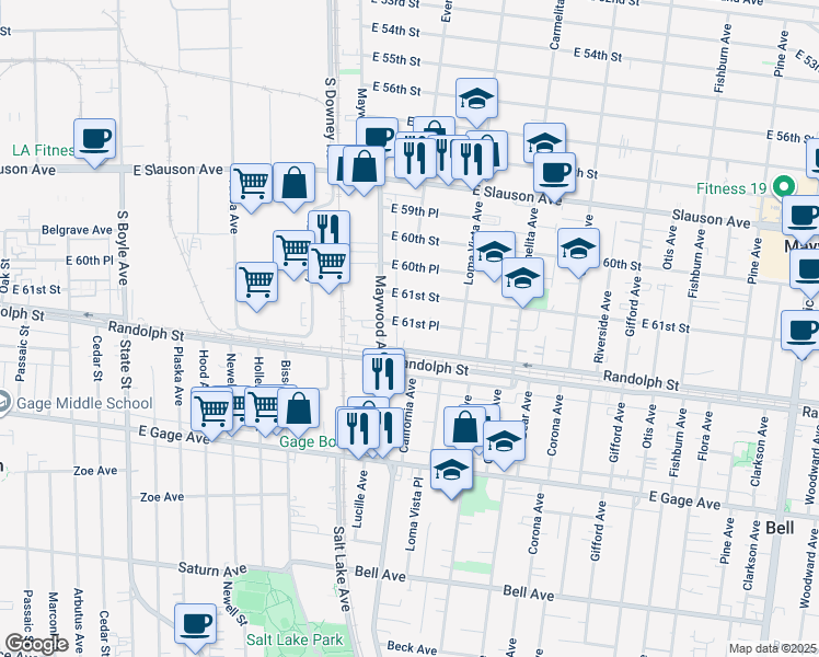 map of restaurants, bars, coffee shops, grocery stores, and more near 3530 East 61st Place in Huntington Park