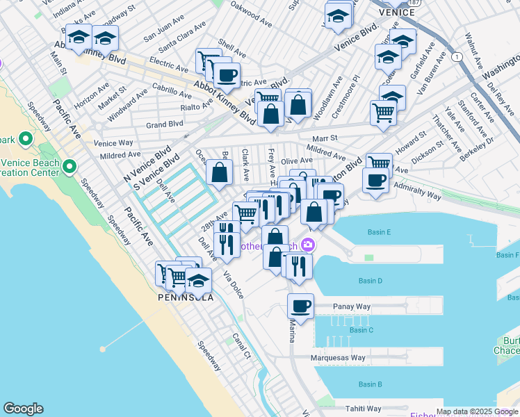 map of restaurants, bars, coffee shops, grocery stores, and more near 2904 Beach Avenue in Los Angeles