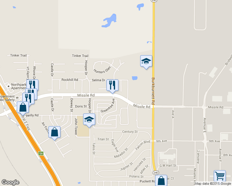 map of restaurants, bars, coffee shops, grocery stores, and more near 5501 Greentree Avenue in Wichita Falls