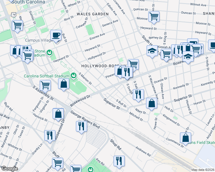 map of restaurants, bars, coffee shops, grocery stores, and more near 1501 Rosewood Drive in Columbia
