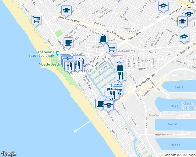 map of restaurants, bars, coffee shops, grocery stores, and more near 224 Linnie Canal in Los Angeles