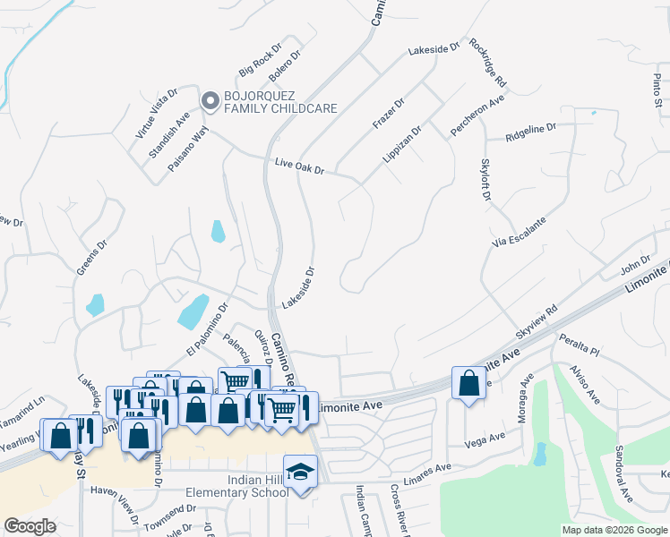 map of restaurants, bars, coffee shops, grocery stores, and more near 7440 Live Oak Drive in Riverside