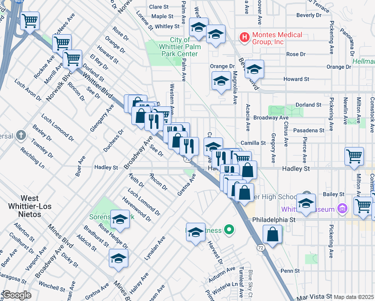 map of restaurants, bars, coffee shops, grocery stores, and more near 6318 Palm Avenue in Whittier