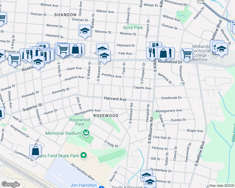 map of restaurants, bars, coffee shops, grocery stores, and more near 509 Tyler Street in Columbia