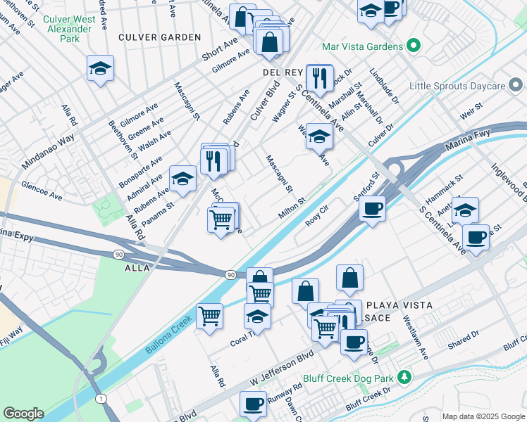 map of restaurants, bars, coffee shops, grocery stores, and more near 12611 Presnell Street in Los Angeles