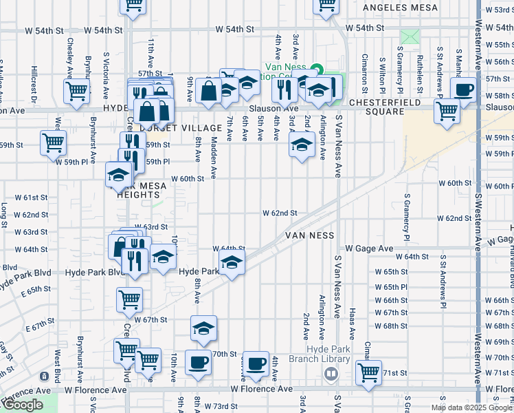 map of restaurants, bars, coffee shops, grocery stores, and more near 6051 5th Avenue in Los Angeles