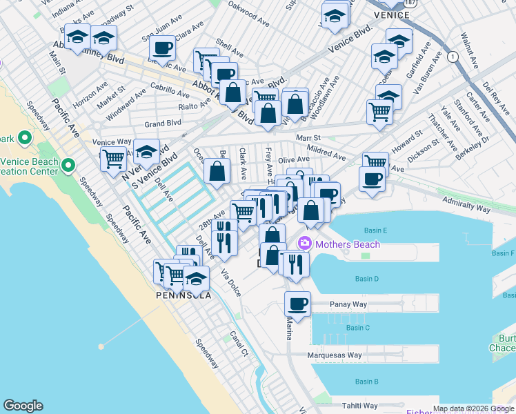 map of restaurants, bars, coffee shops, grocery stores, and more near 2904 Beach Avenue in Los Angeles