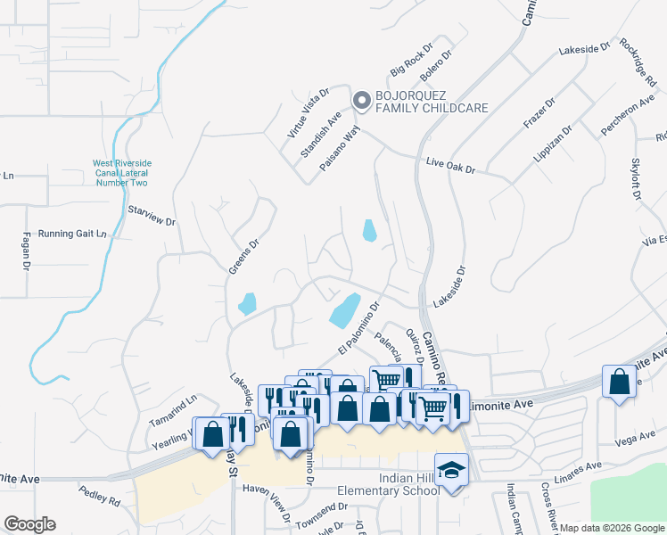 map of restaurants, bars, coffee shops, grocery stores, and more near 5763 Autumnwood Lane in Riverside