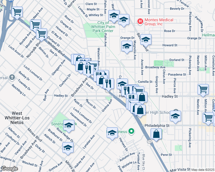 map of restaurants, bars, coffee shops, grocery stores, and more near 6318 Palm Avenue in Whittier