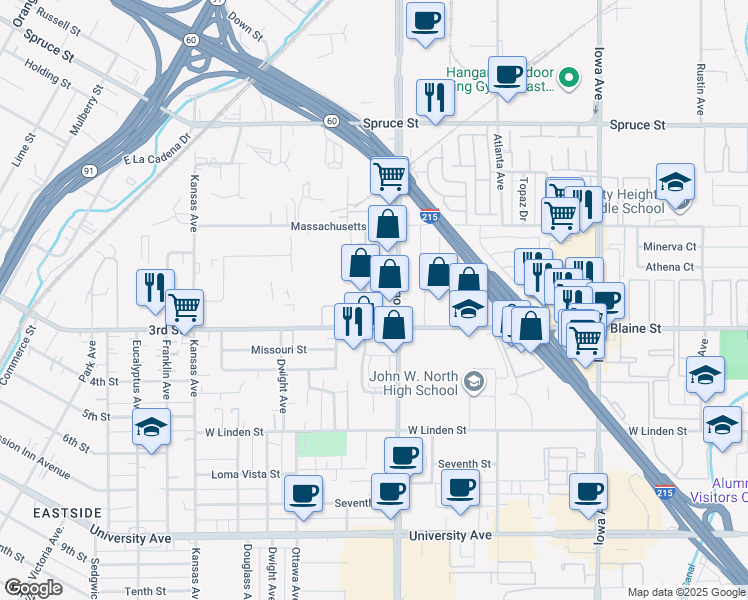 map of restaurants, bars, coffee shops, grocery stores, and more near 3184 Durahart Street in Riverside
