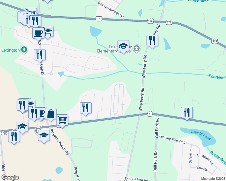map of restaurants, bars, coffee shops, grocery stores, and more near 624 Dawsons Park Way in Lexington