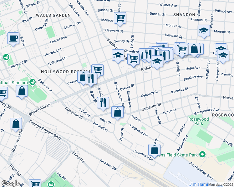 map of restaurants, bars, coffee shops, grocery stores, and more near 503 South Waccamaw Avenue in Columbia